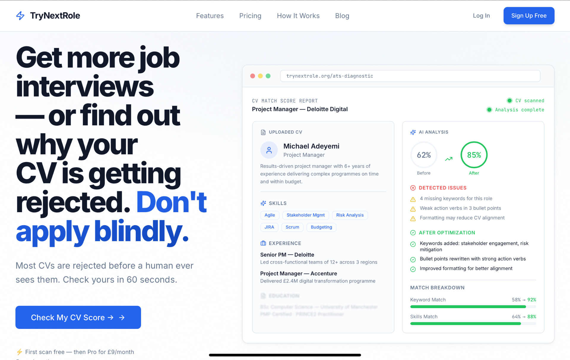 TryNextRole website showing the headline “Get more job interviews — or find out why your CV is getting rejected” beside an AI CV match score report.